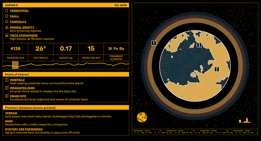 A scifi themed interface with a rendering and details about a planet.