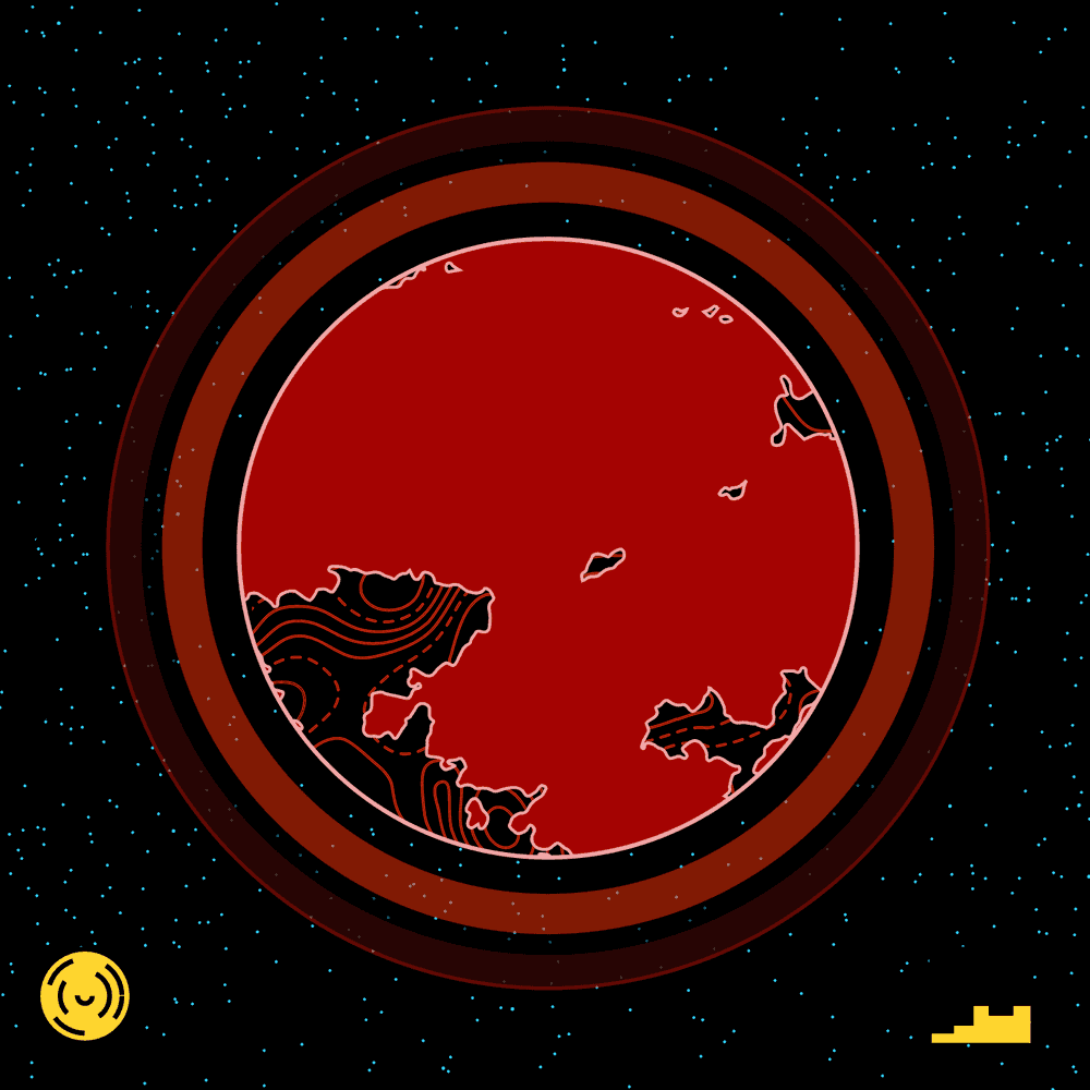 A dark red planet with red rings floating in space.