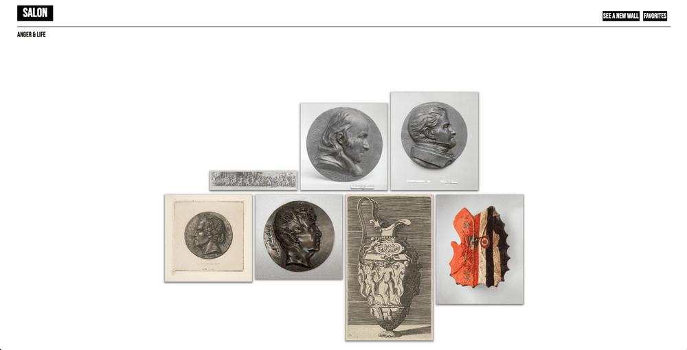 An interface featuring paintings, coins and a sculpture arranged to appear like they are hanging on a wall together.